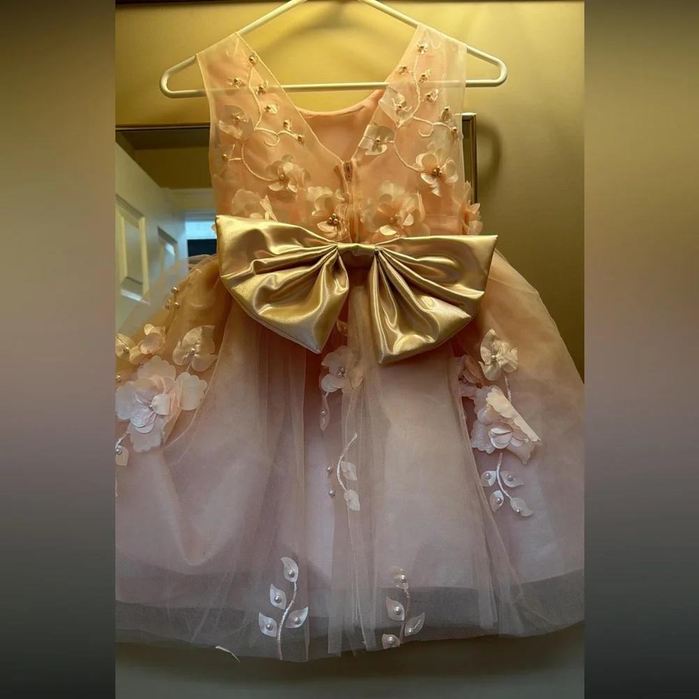 Girls Size 10 Blush Pink Floral Applique Tulle Party Dress w/ Satin Bow